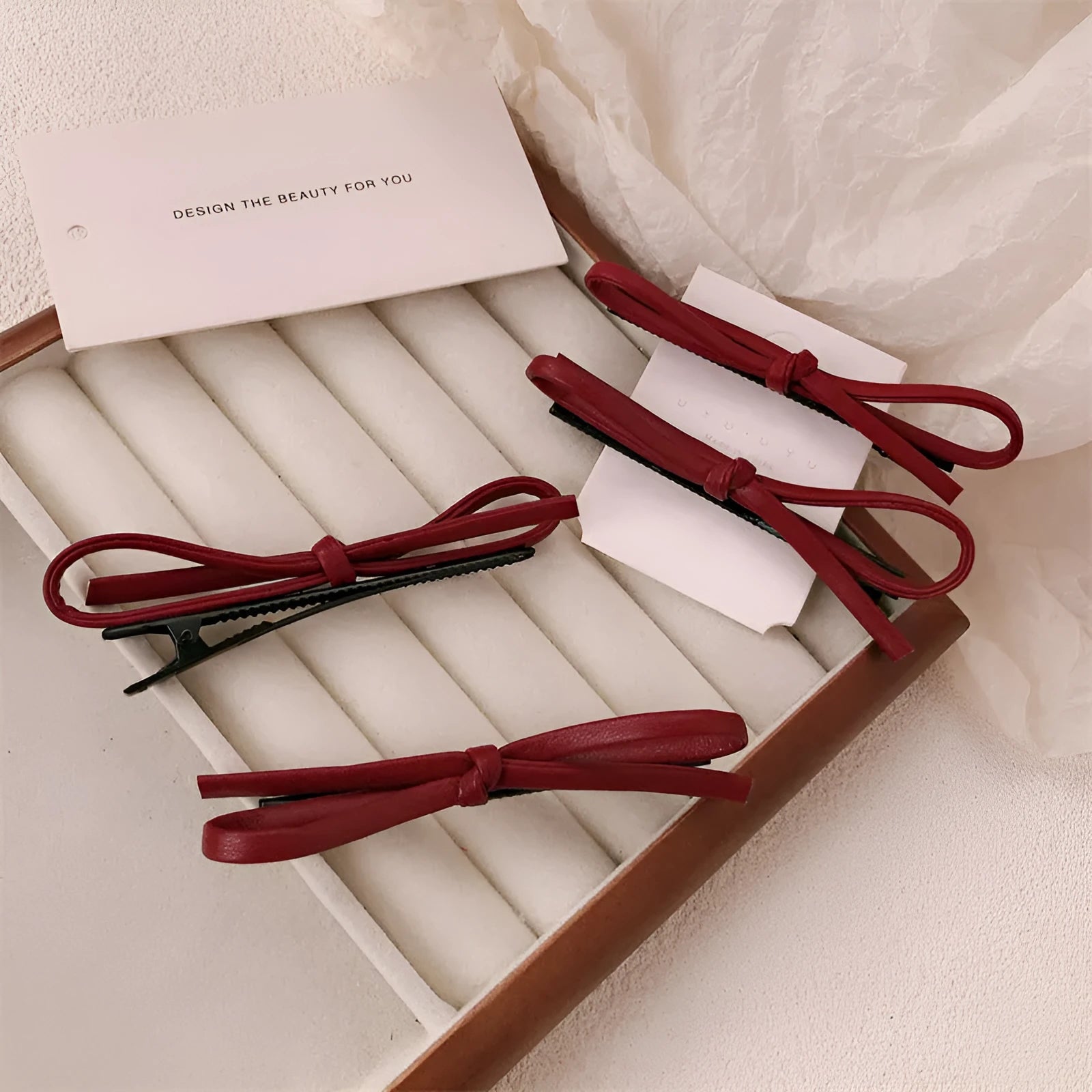 Wine red leather bow barrette hair clip for women, single piece or pair.