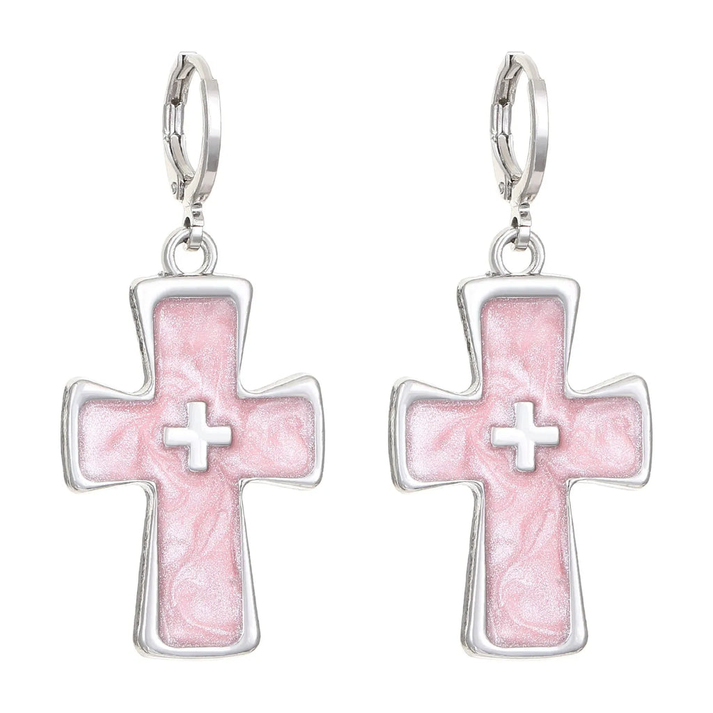 Women's alloy earrings with cross, crystal and character designs in white, black and silver colour variations