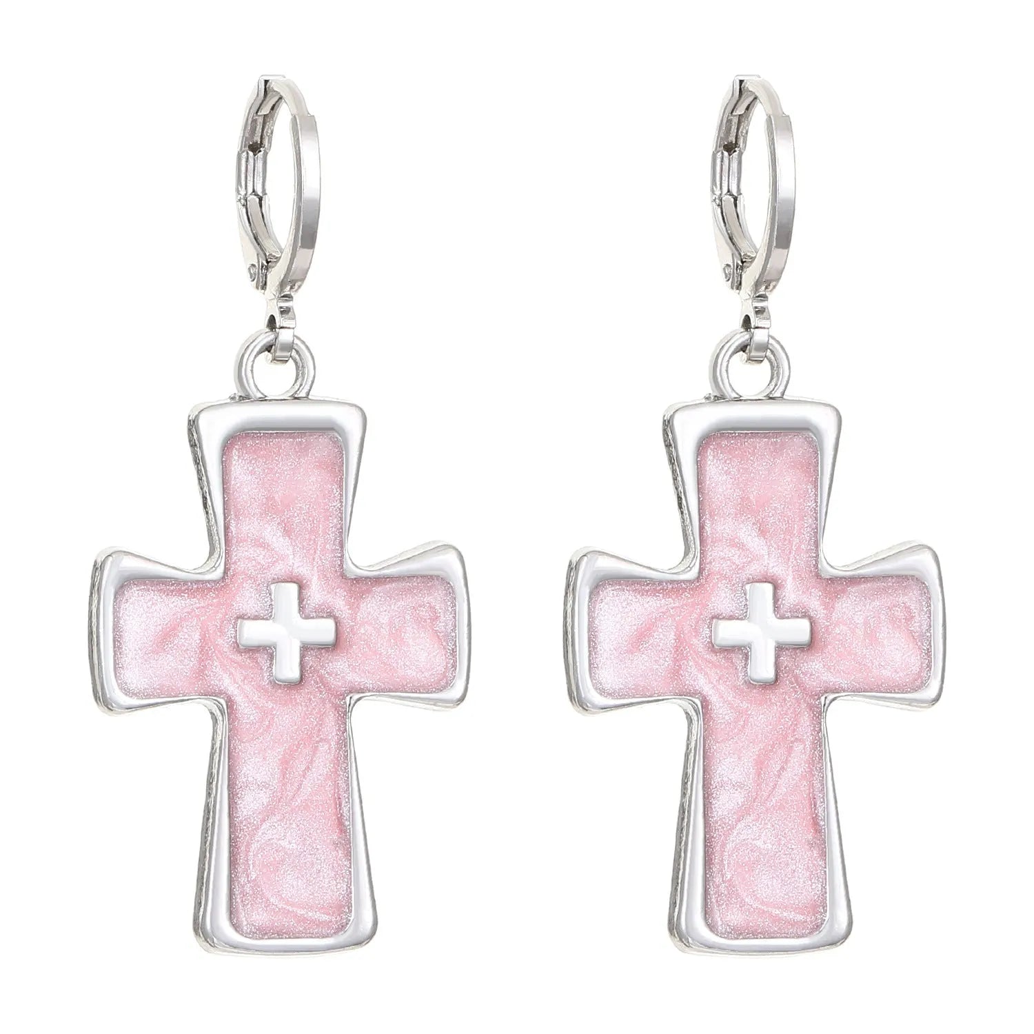 Women's alloy earrings with cross, crystal and character designs in white, black and silver colour variations