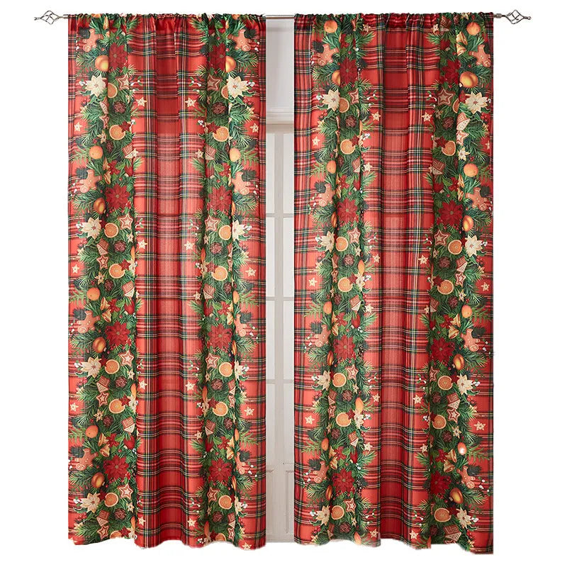 American style printed polyester shading curtain with Christmas pattern in red plaid design