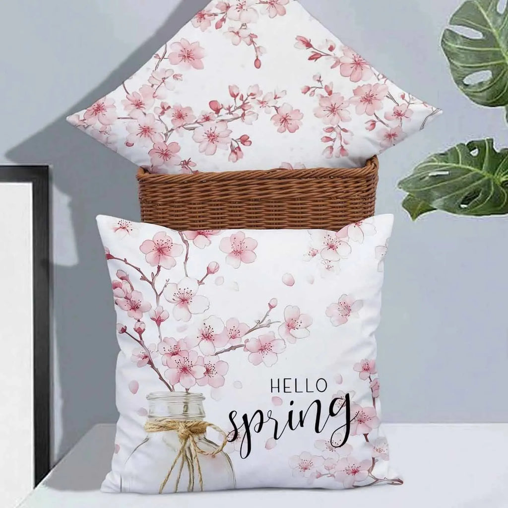 Spring Cherry Blossom Letter design on a short velvet cushion cover for sofa decor.