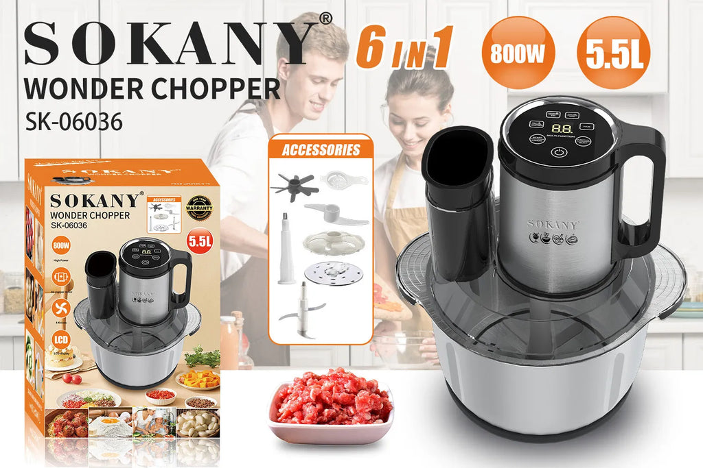 Stainless steel meat grinder with vegetable cutting functions, 5L capacity, model 06036 colour