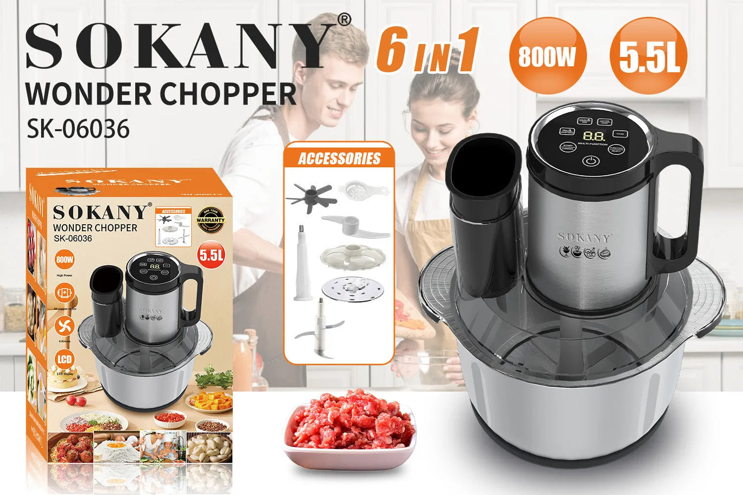Stainless steel meat grinder with vegetable cutting functions, 5L capacity, model 06036 colour