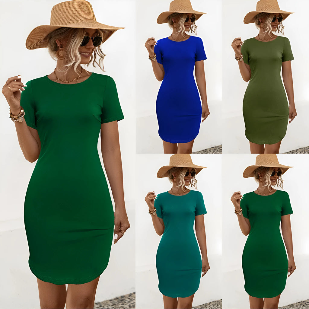 Women's slim-fit army green dress with short sleeves and a U-shaped split detail.