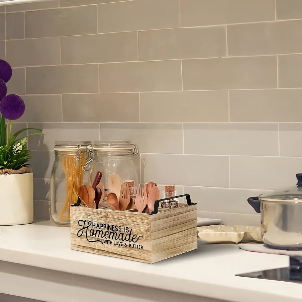 Wooden kitchen storage box with grid dividers for tableware organisation, modern minimalist design