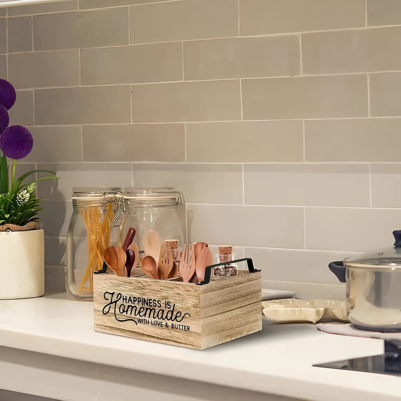 Wooden kitchen storage box with grid dividers for tableware organisation, modern minimalist design