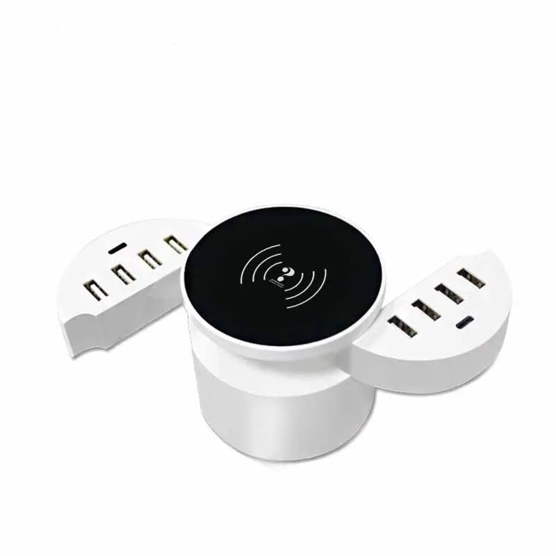 Ceramic white circular wireless charger with multiple ports and international adapters for smartphone charging