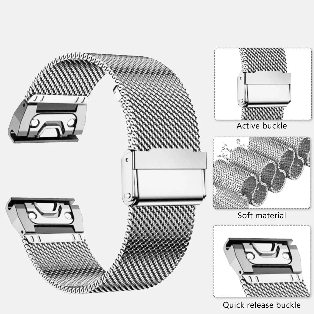 Silver stainless steel watch strap for Garmin Fenix series smartwatch showing lug detail.