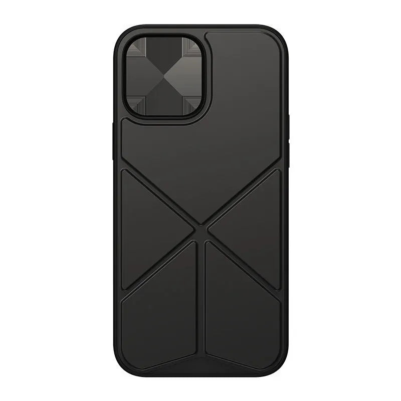 Black iPhone 13 Pro Max case with a built-in stand deployed on a table.