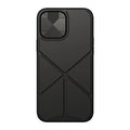 Black iPhone 13 Pro Max case with a built-in stand deployed on a table.