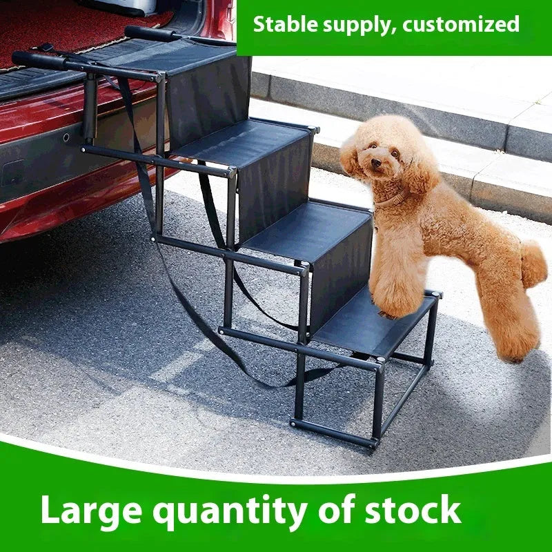 Stainless steel folding dog ladder in navy blue, unfolded showing four steps.