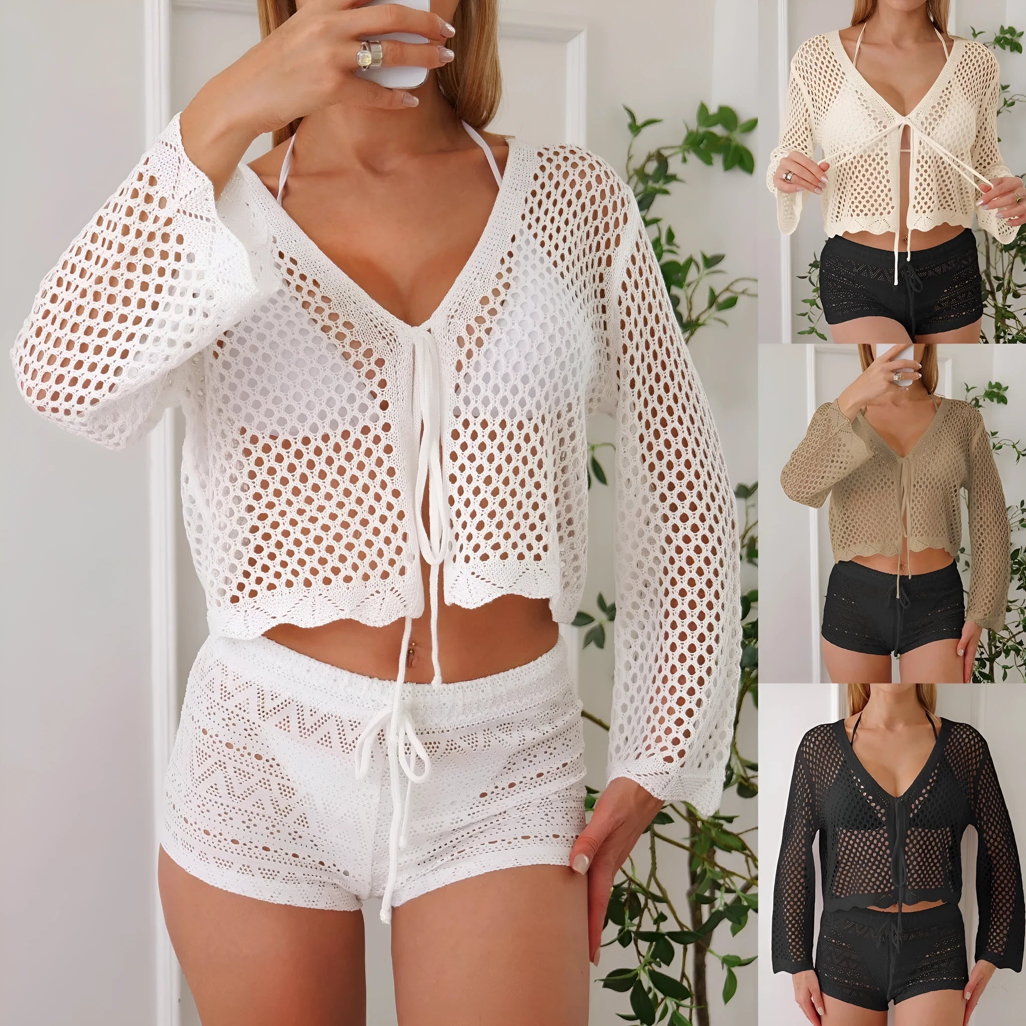 Short apricot hollow woven women's cardigan blouse with bell sleeves on a hanger