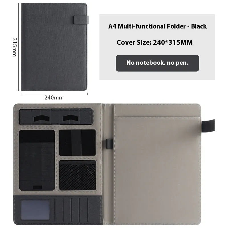 Leather A4 business folder with notepad and pen accessories in black, grey or blue