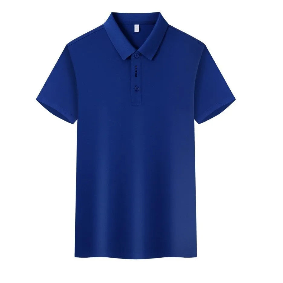 Man wearing a short sleeve polo shirt in a cotton spandex blend, showing colour options like aerospace blue and avocado green.