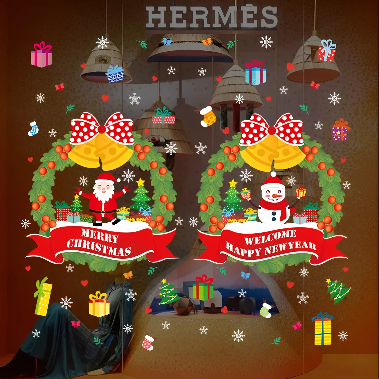 Christmas electrostatic window sticker with cartoon design, 60×45cm PVC material