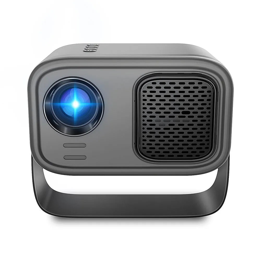 Black portable HD projector with Android OS showing 1280x720 resolution display