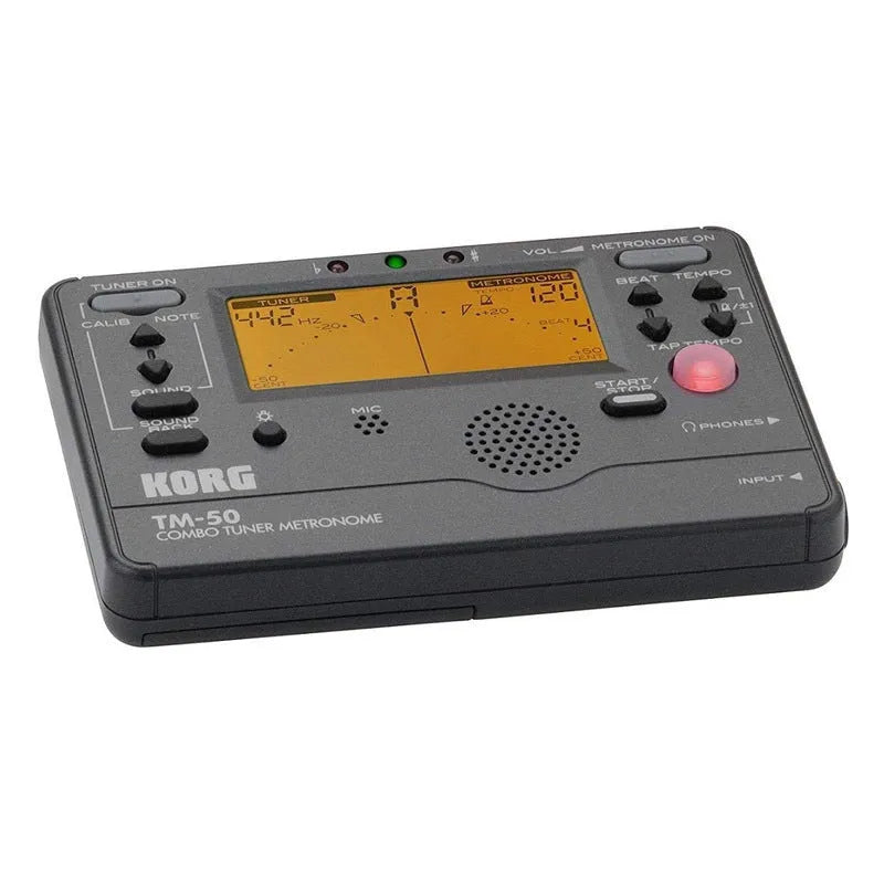 TM-60 black and white metronome tuner with digital display showing BPM and rhythm settings