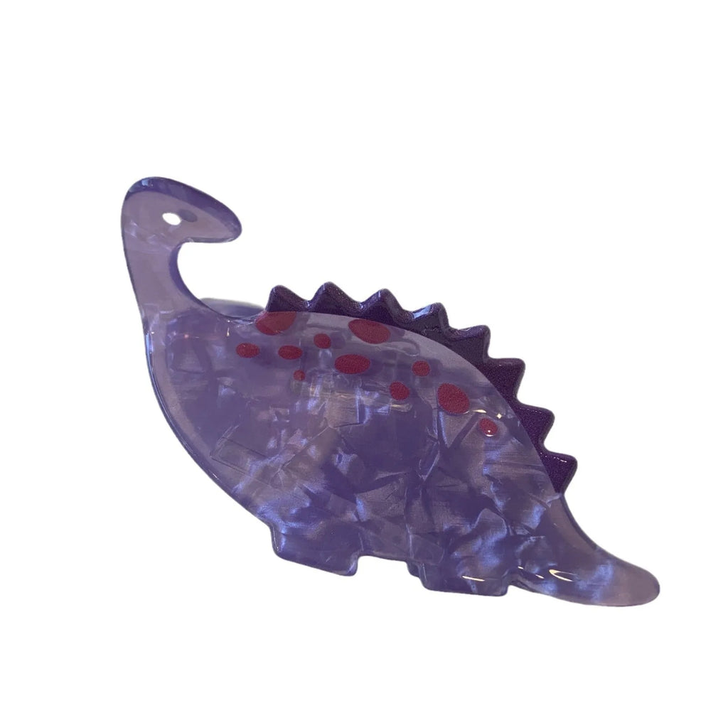 Dinosaur themed acrylic jaw hair clip showing six colour variations including pink, green, purple, blue and brown designs