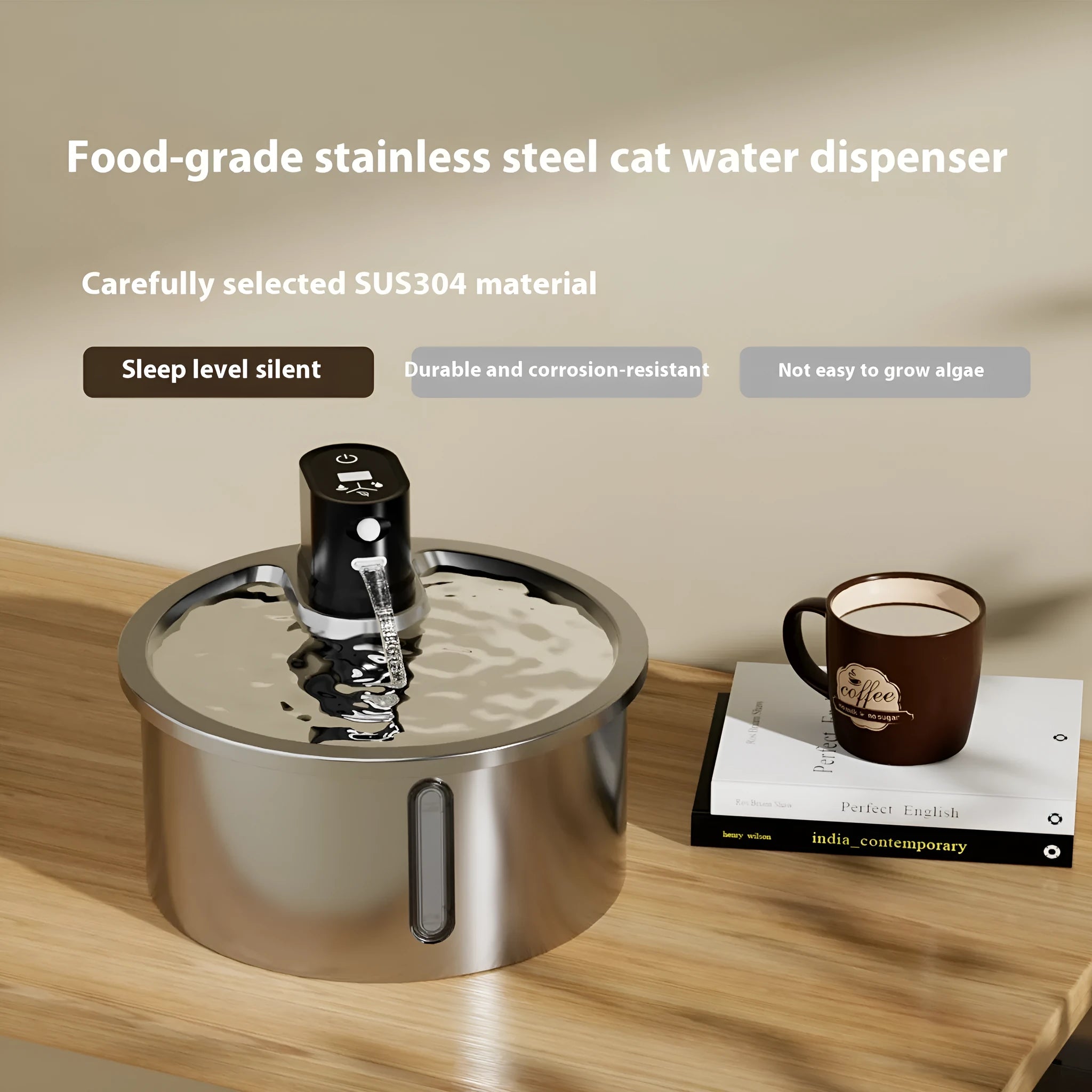 Stainless steel pet water fountain with heating base, shown in white colour.