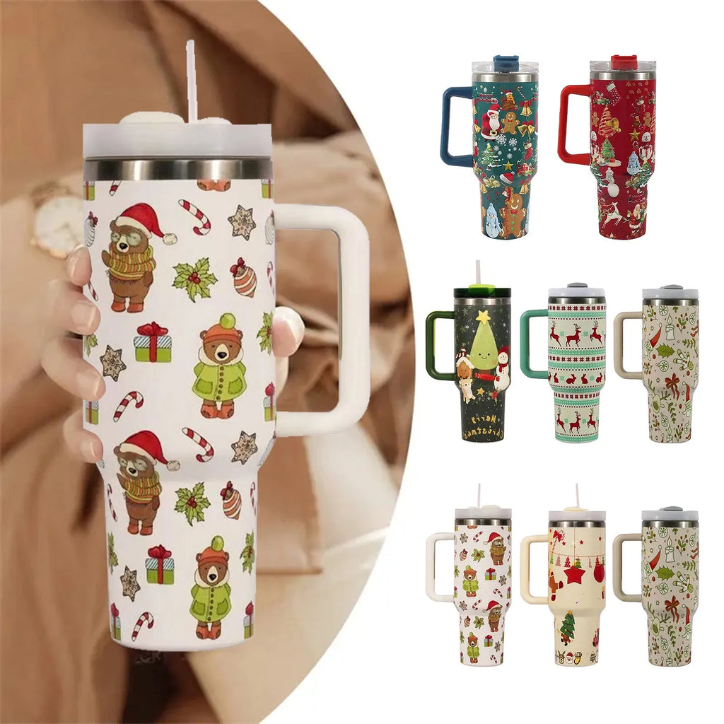 Stainless steel Christmas pattern travel tumbler with handle and straw lid, 1200ml capacity