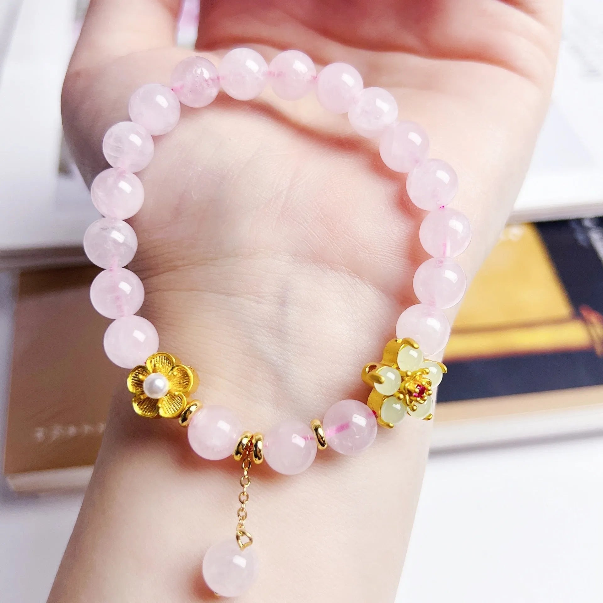 Pink crystal peach blossom bracelet with handmade beads for women