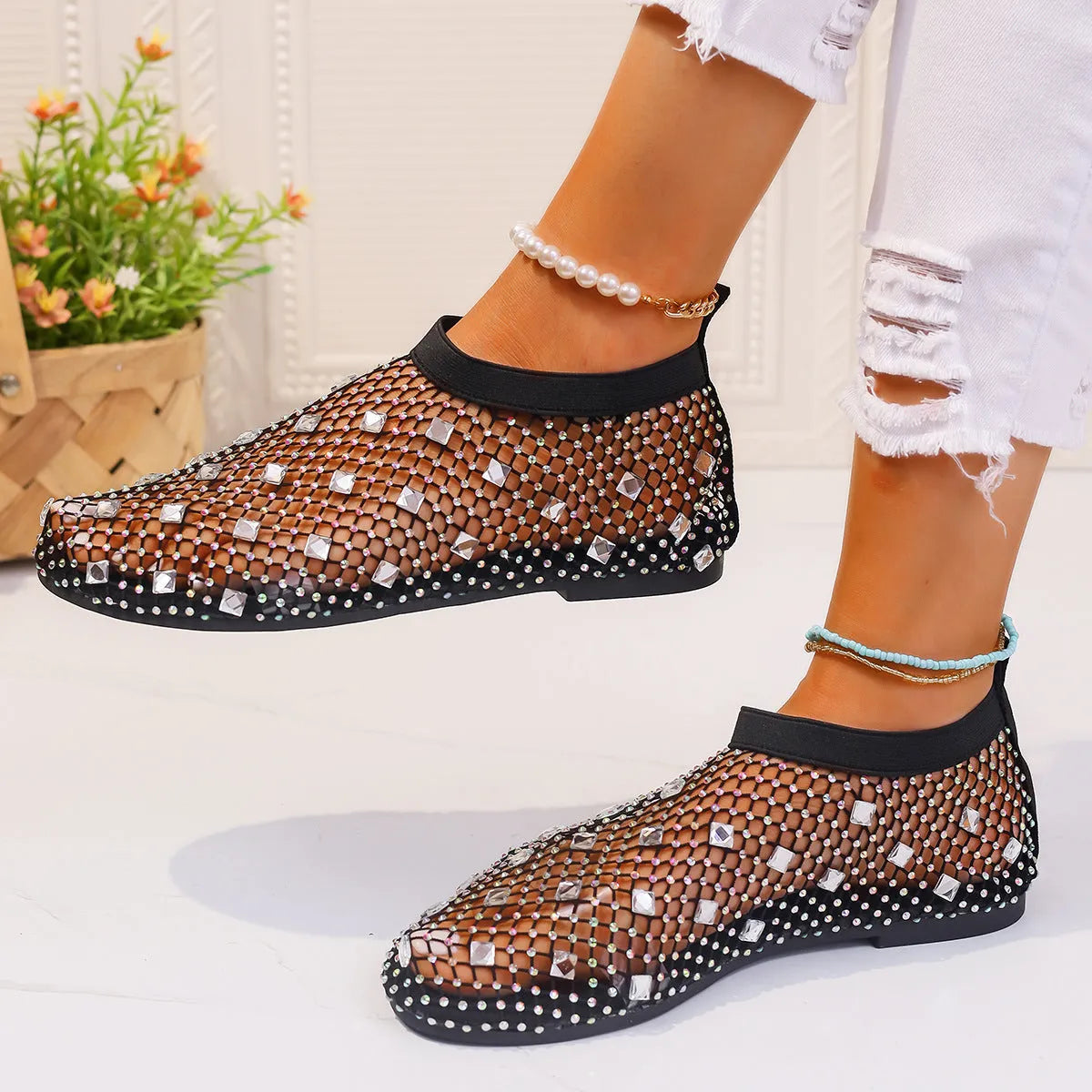 Women's colourful mesh flat sandals with rhinestone decoration and rubber sole