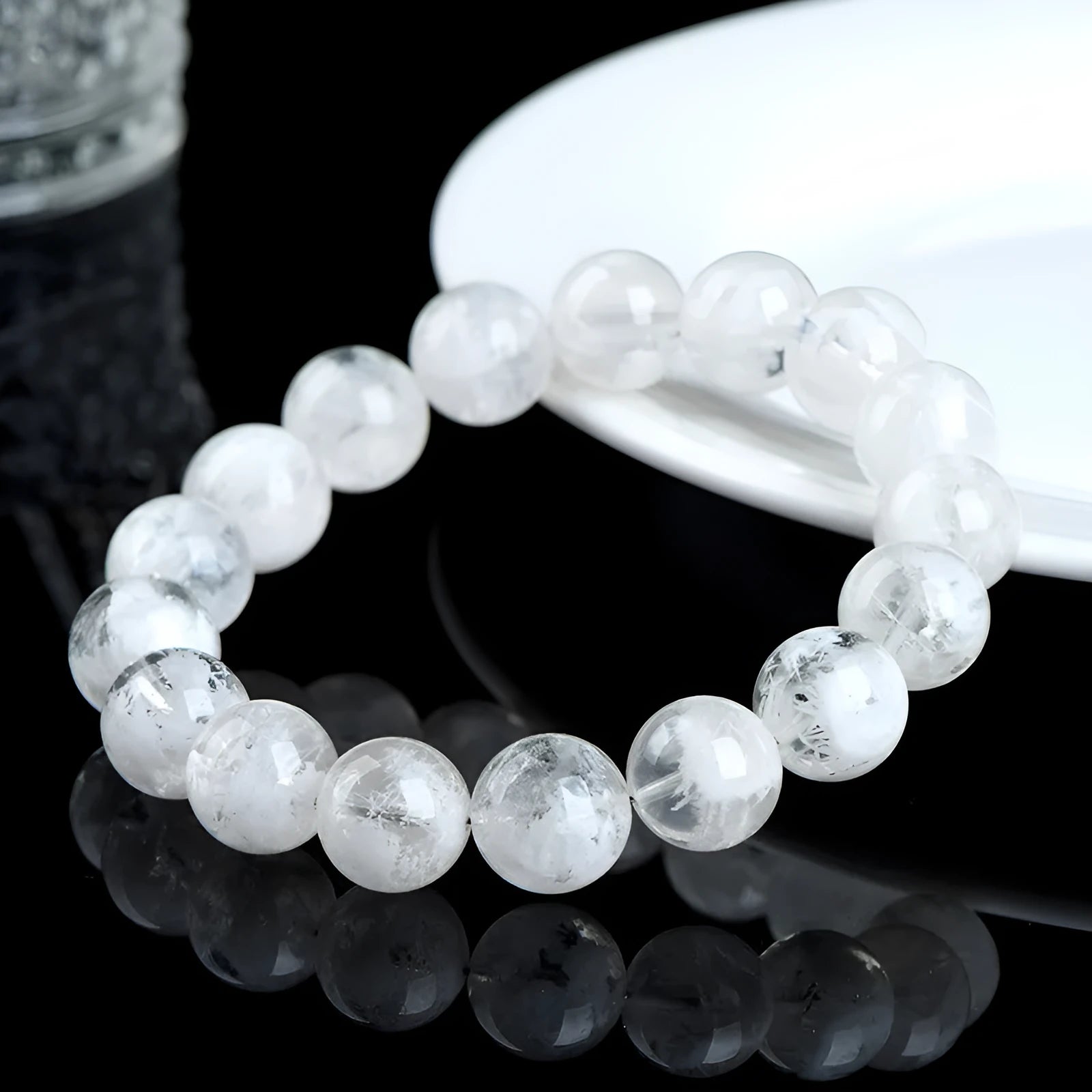 Natural blizzard snowflake crystal bracelet with round geometric beads and traditional Chinese elements
