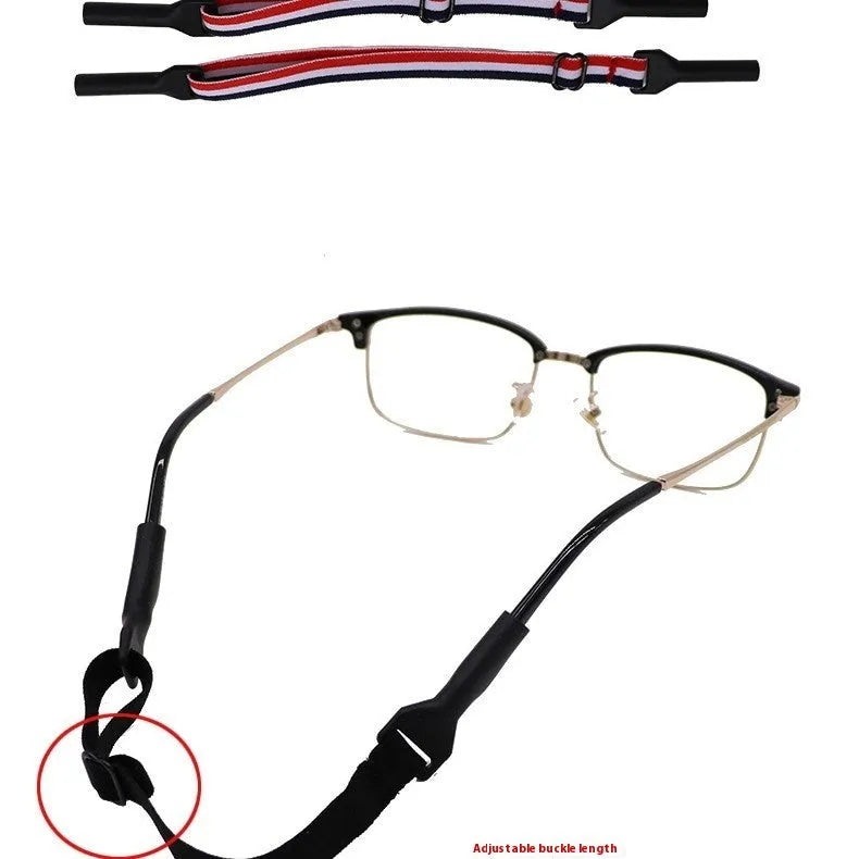 Black adjustable glasses cord with silicone ends and fibre rope for securing spectacles