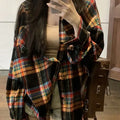 Women's loose fit plaid cotton shirt in retro pattern with long sleeves