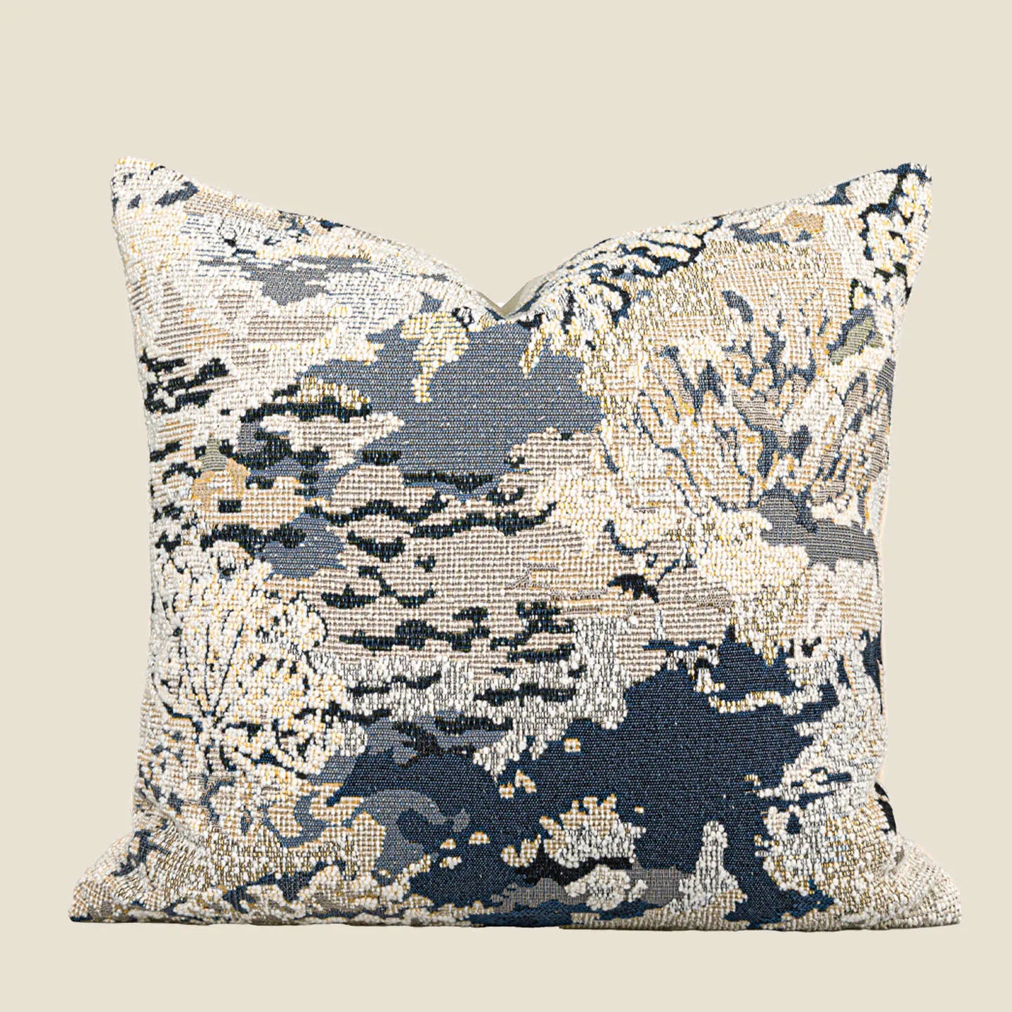 Antique blue wool blend pillow with abstract floral print, shown in square and waist pillow sizes.