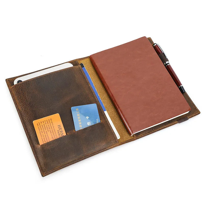 Brown Crazy Horse leather A5 notebook protective sleeve with socket-style closure