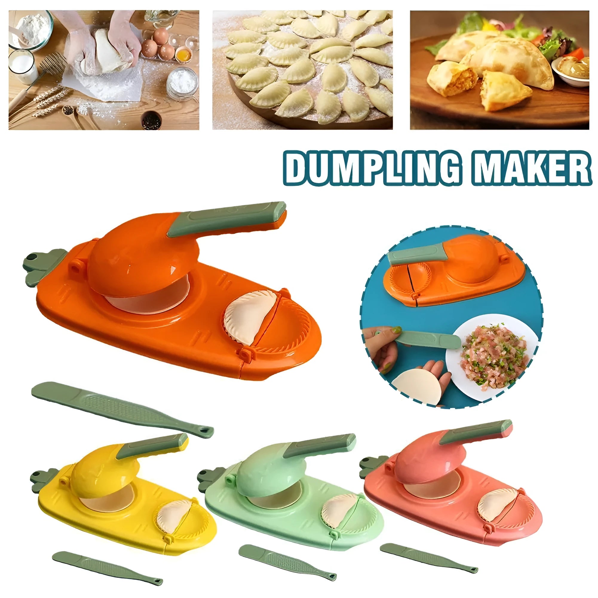 Manual plastic dumpling press tool with ergonomic handle and hanging hole for storage.