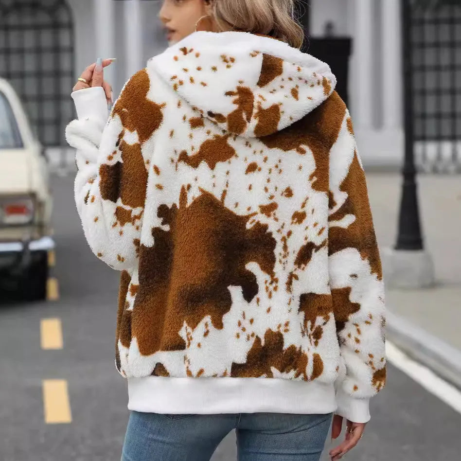 Yellow brown cow animal print hooded cardigan jacket with front zipper closure