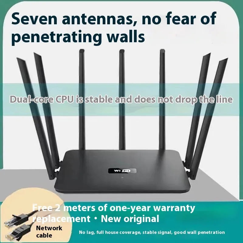 Black and white dual-band 5G gigabit Wi-Fi router with multiple antennas for home through-wall coverage.