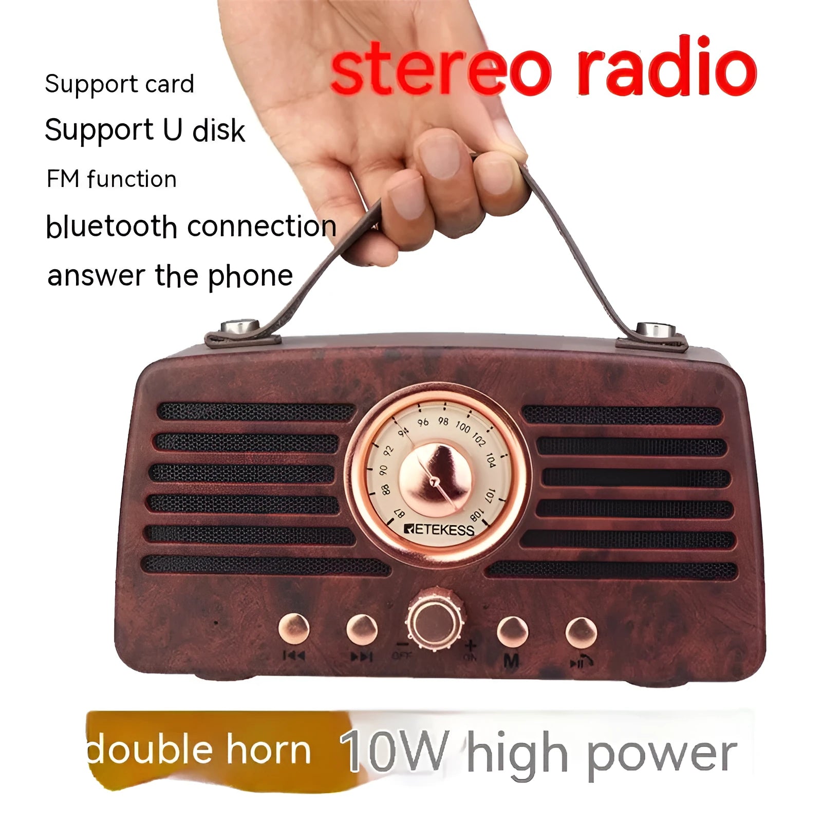 Portable rechargeable stereo dual channel radio with pointer tuning, USB interface, and built-in speaker, 190x95x67mm