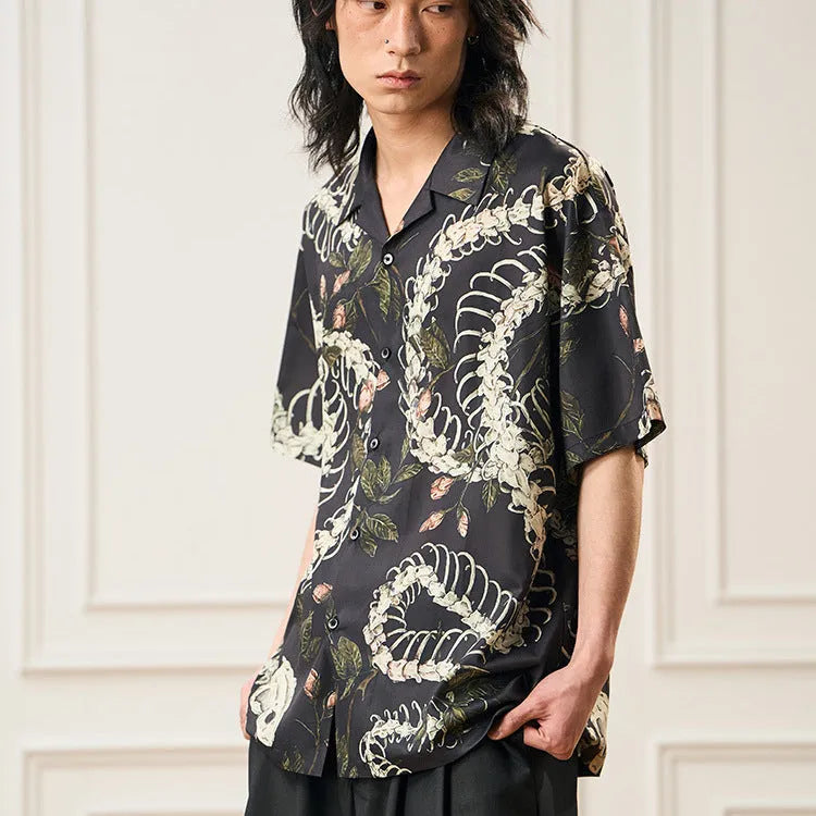 Short sleeve Cuban collar shirt with snake bone and floral printed pattern in loose cardigan style.