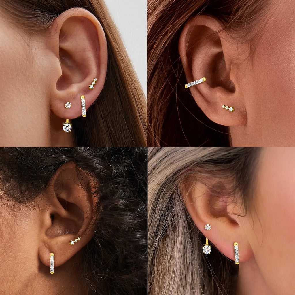 Set of three pairs titanium steel ring-shaped earrings with zircon inlay, steel colour finish