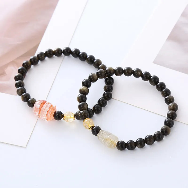 Handmade natural obsidian pi xiu bracelet with retro ethnic style, gold obsidian or red flower colour options