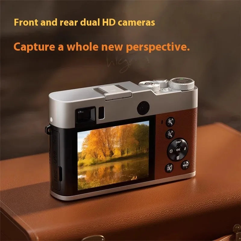 Black 5K HD digital camera with dual lenses and an optical viewfinder on a camera strap.