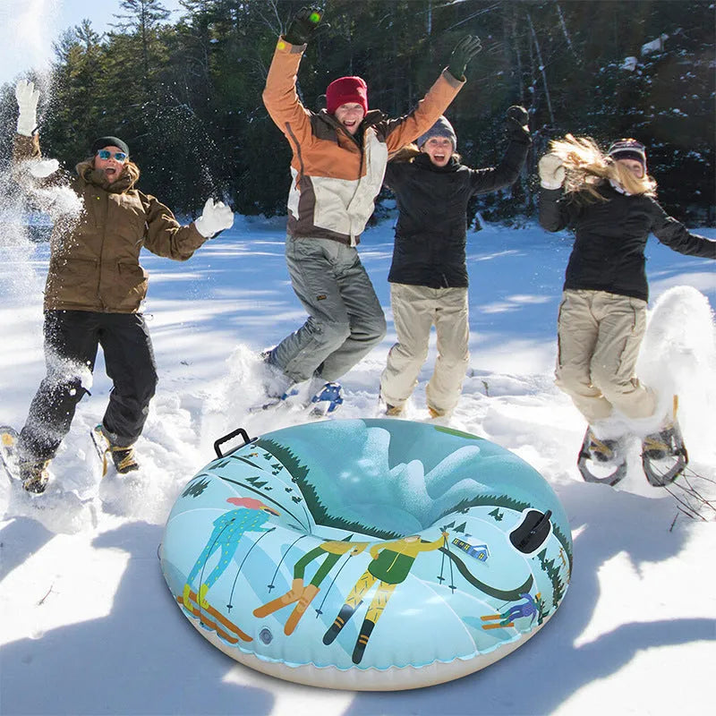 Colourful PVC ski ring toy for outdoor winter snow play, shown in red, blue, and mountain print options.