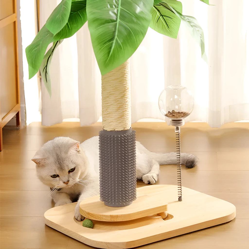 A wooden vertical cat scratching post in canna colour with a chamfered column and a food drop ball attached.