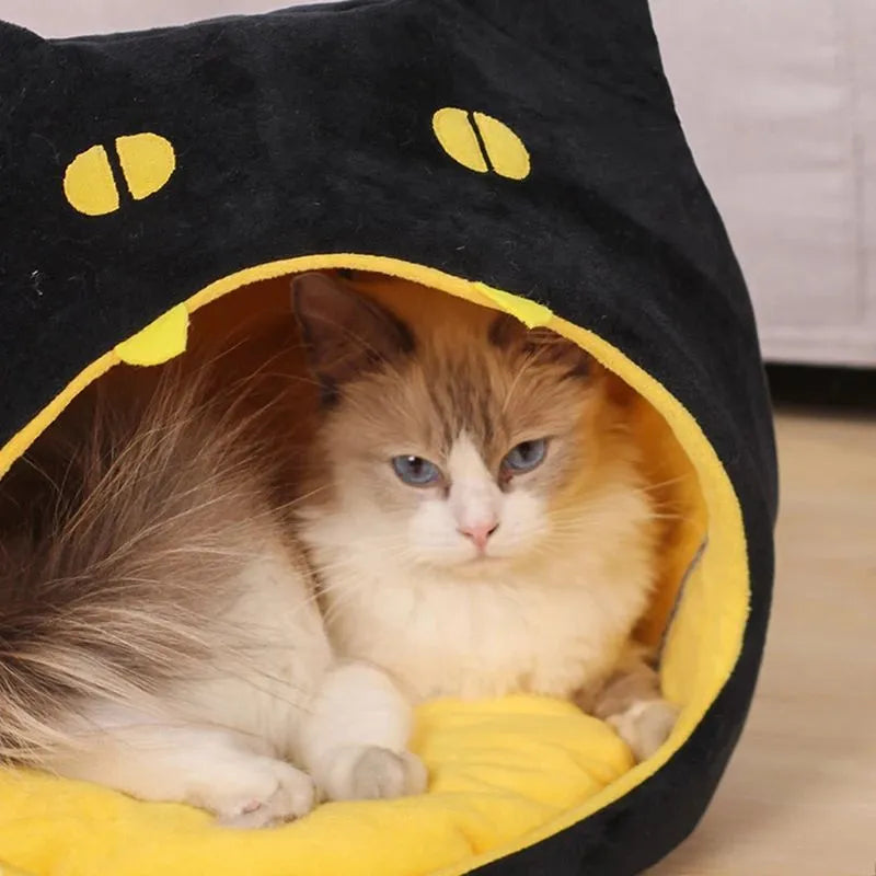 Cat-shaped covered pet bed with plush material and anti-slip bottom in two size options