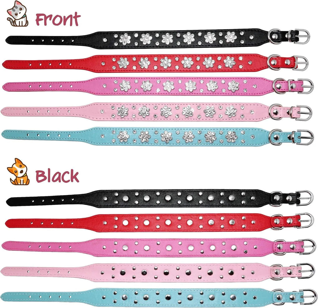 Decorative black dog collar with rhinestone flower pattern and studs on soft PU leather.