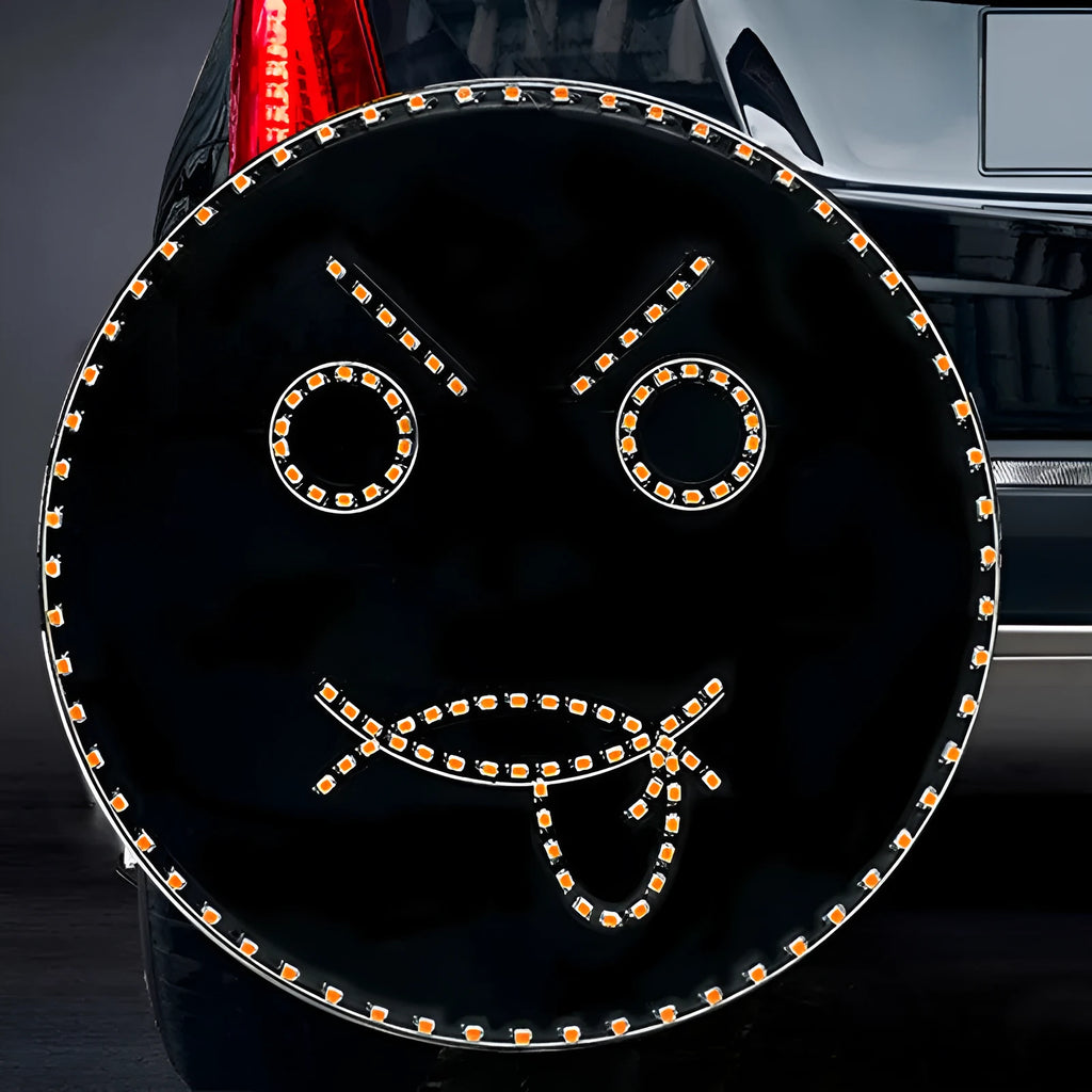 Black car rear window LED expression light showing orange smiley face design with remote control