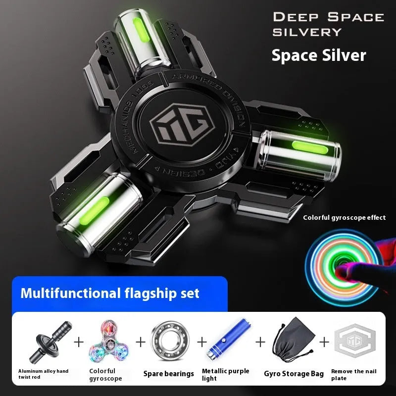 Glowing alloy fingertip spinning top in space silver luminous edition on desk