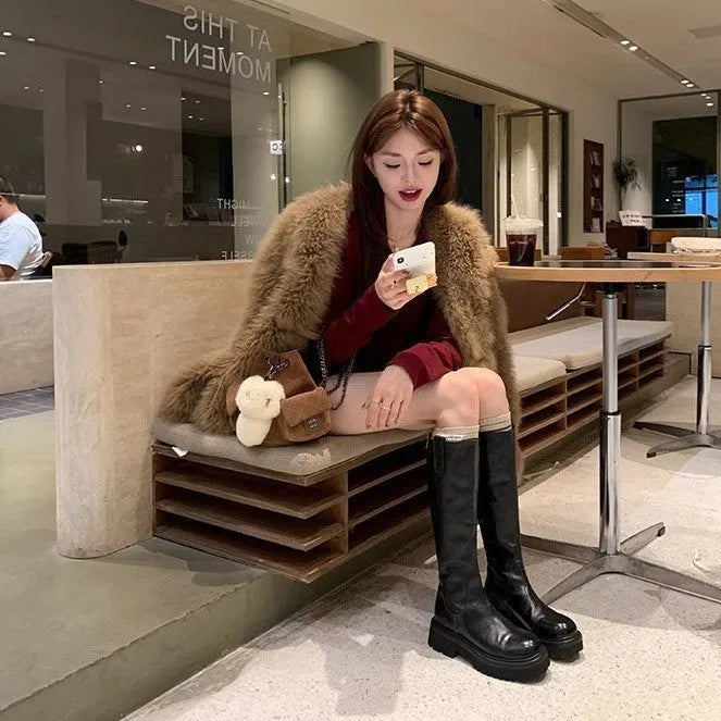 Round toe chunky heel long tube knight boots in black with back zipper closure