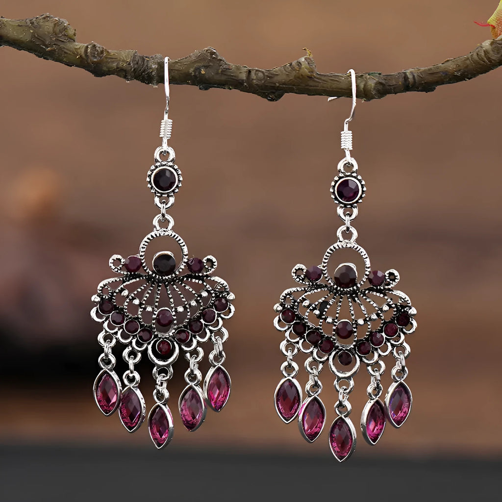 Purple retro crystal long fringe drop earrings with alloy ethnic style design