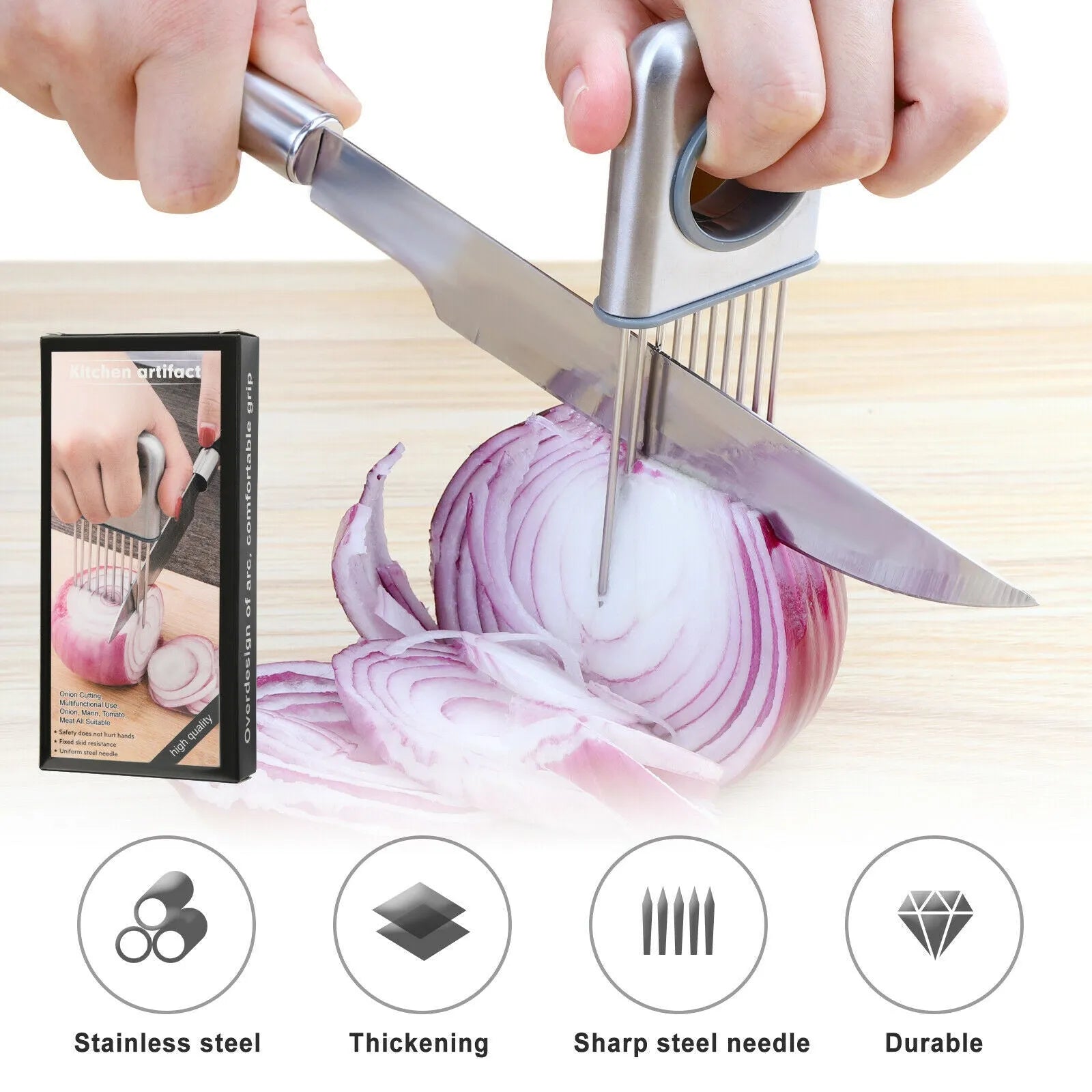 Stainless steel onion holder slicer with prongs and finger guard on a chopping board