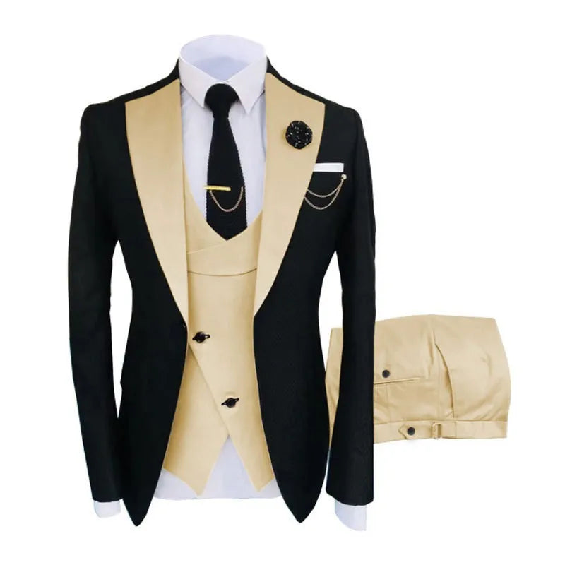 Men's slim fit cotton business suit set in black and wine red, featuring a coat, waistcoat, and trousers.