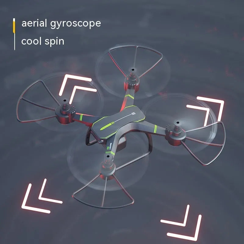 Blue remote control drone with four protective frames and a handheld remote on a white background